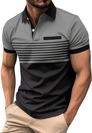 Men's Button Down Short Sleeve Shirts Fashion Color Block Tops Casual Collared Loose Fit T Shirt