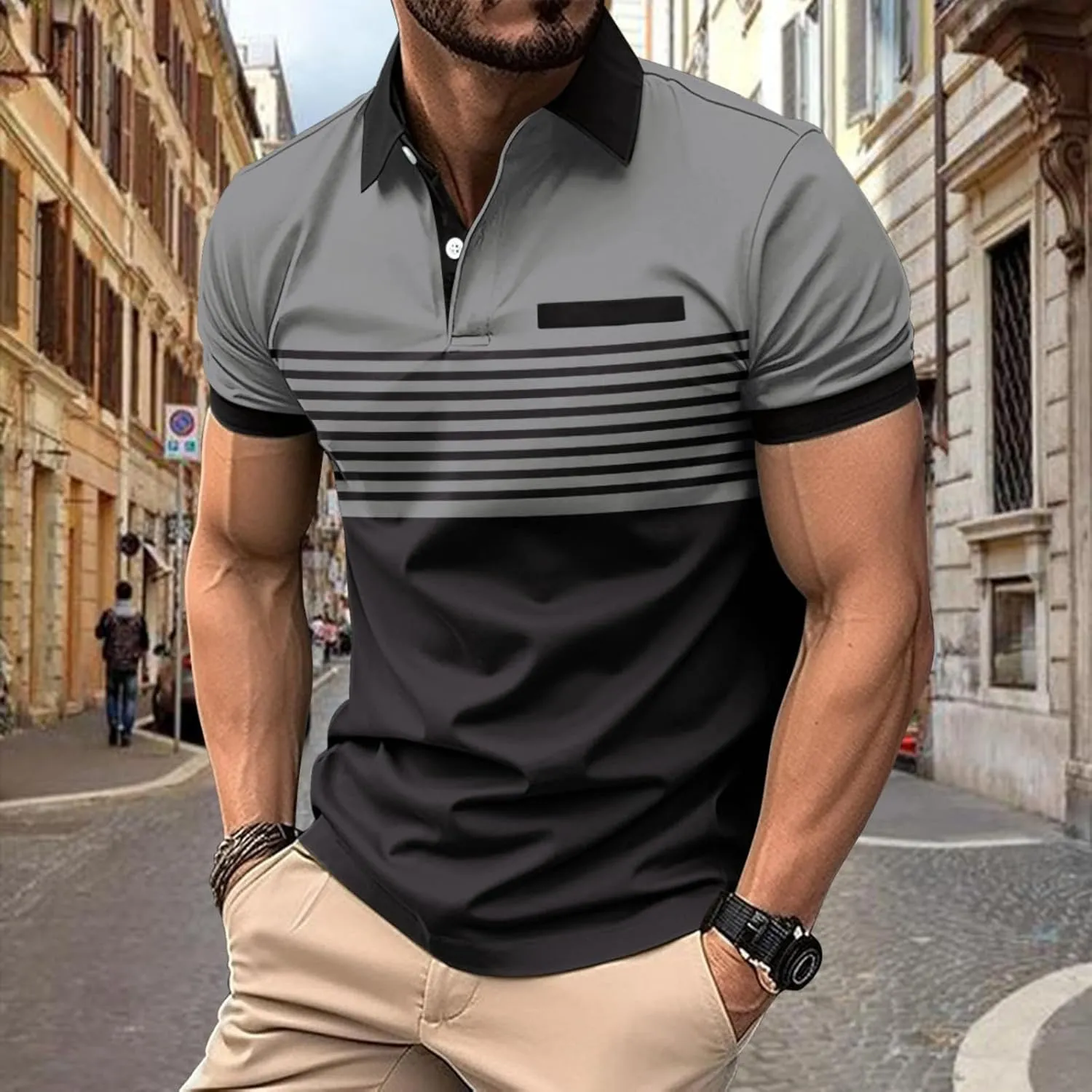Men's Button Down Short Sleeve Shirts Fashion Color Block Tops Casual Collared Loose Fit T Shirt