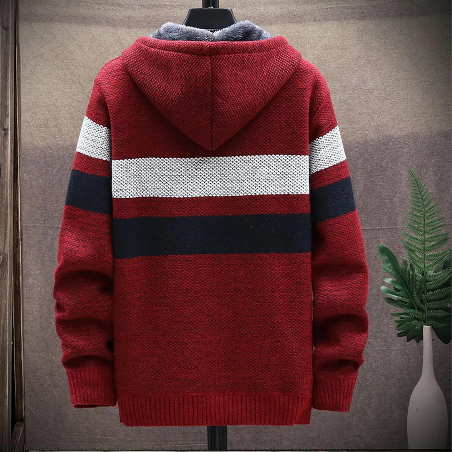 Mens Cable Knit Cardigan Sweater Fleece Lined Colorblock Zip Up Slim Hooded Jacket with Pocket Hoodie Cardigan Coats