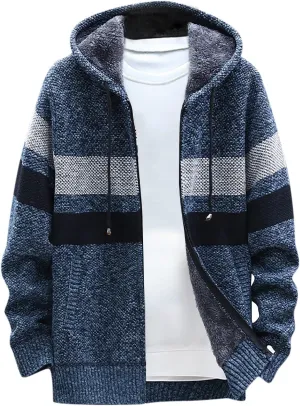 Mens Cable Knit Cardigan Sweater Fleece Lined Colorblock Zip Up Slim Hooded Jacket with Pocket Hoodie Cardigan Coats