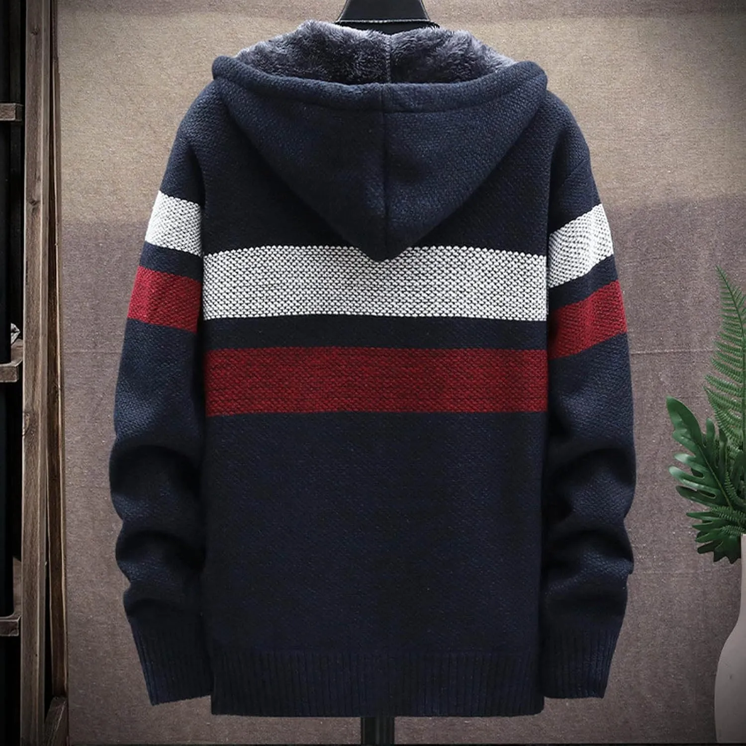 Mens Cable Knit Cardigan Sweater Fleece Lined Colorblock Zip Up Slim Hooded Jacket with Pocket Hoodie Cardigan Coats