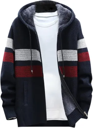 Mens Cable Knit Cardigan Sweater Fleece Lined Colorblock Zip Up Slim Hooded Jacket with Pocket Hoodie Cardigan Coats