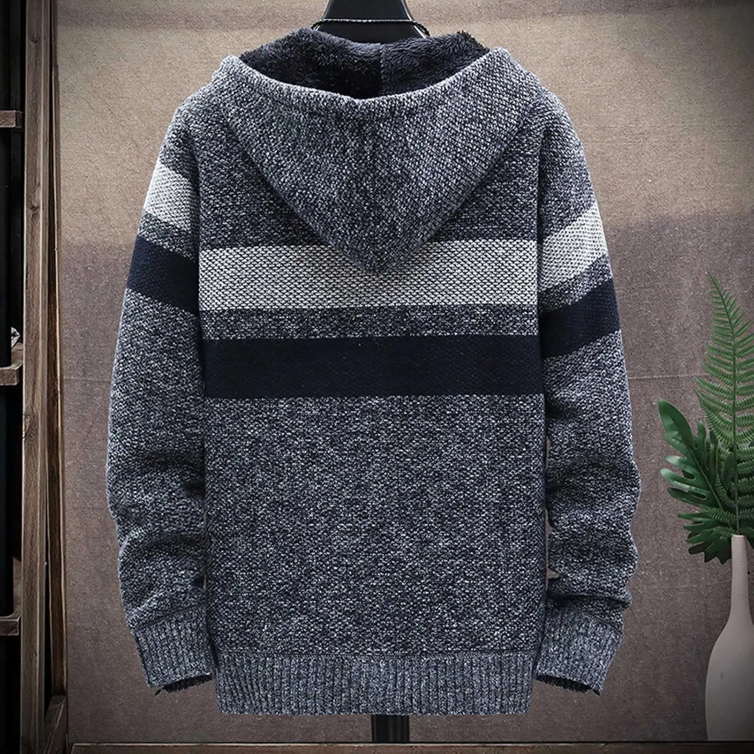 Mens Cable Knit Cardigan Sweater Fleece Lined Colorblock Zip Up Slim Hooded Jacket with Pocket Hoodie Cardigan Coats