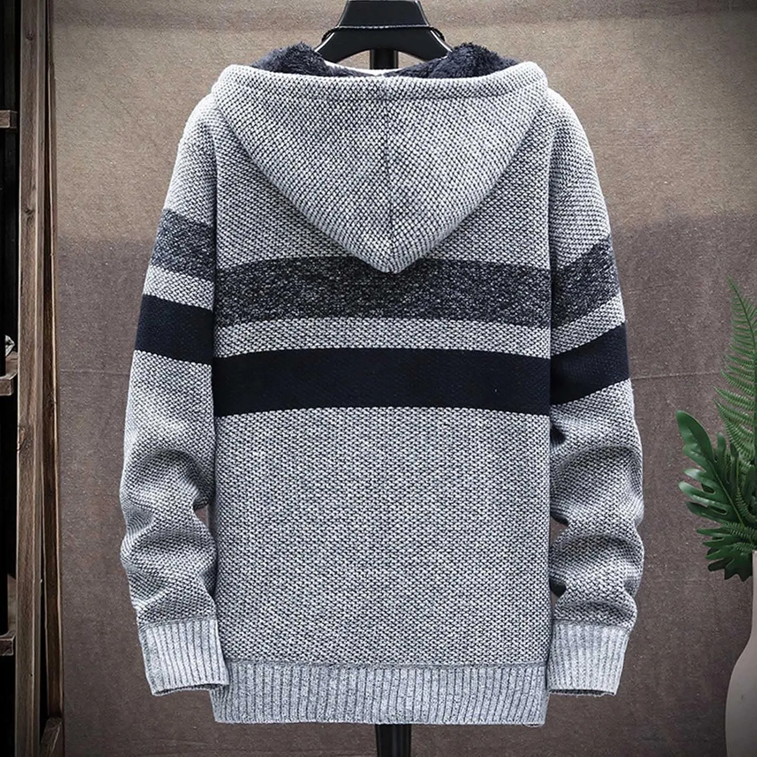 Mens Cable Knit Cardigan Sweater Fleece Lined Colorblock Zip Up Slim Hooded Jacket with Pocket Hoodie Cardigan Coats