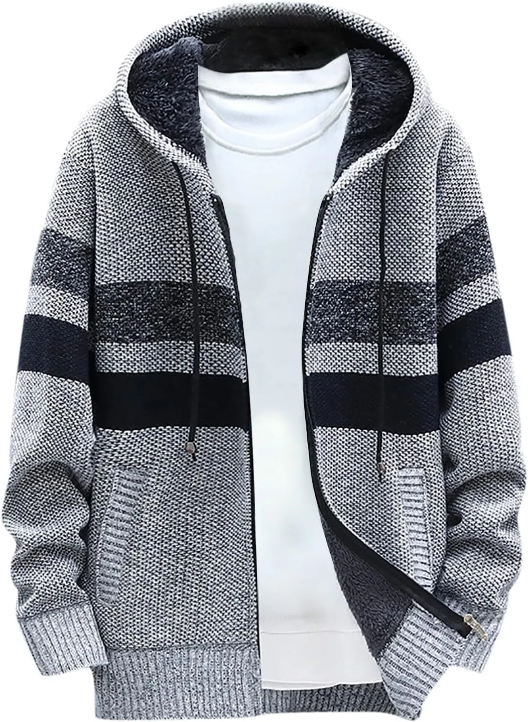 Mens Cable Knit Cardigan Sweater Fleece Lined Colorblock Zip Up Slim Hooded Jacket with Pocket Hoodie Cardigan Coats