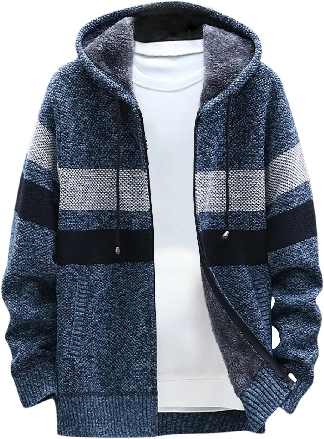 Mens Cable Knit Cardigan Sweater Fleece Lined Colorblock Zip Up Slim Hooded Jacket with Pocket Hoodie Cardigan Coats