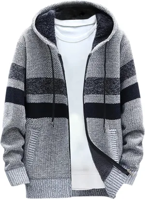 Mens Cable Knit Cardigan Sweater Fleece Lined Colorblock Zip Up Slim Hooded Jacket with Pocket Hoodie Cardigan Coats