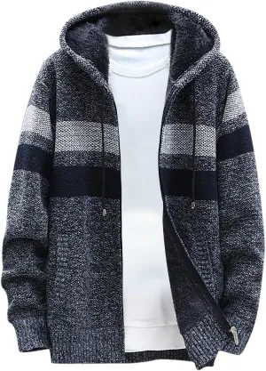 Mens Cable Knit Cardigan Sweater Fleece Lined Colorblock Zip Up Slim Hooded Jacket with Pocket Hoodie Cardigan Coats
