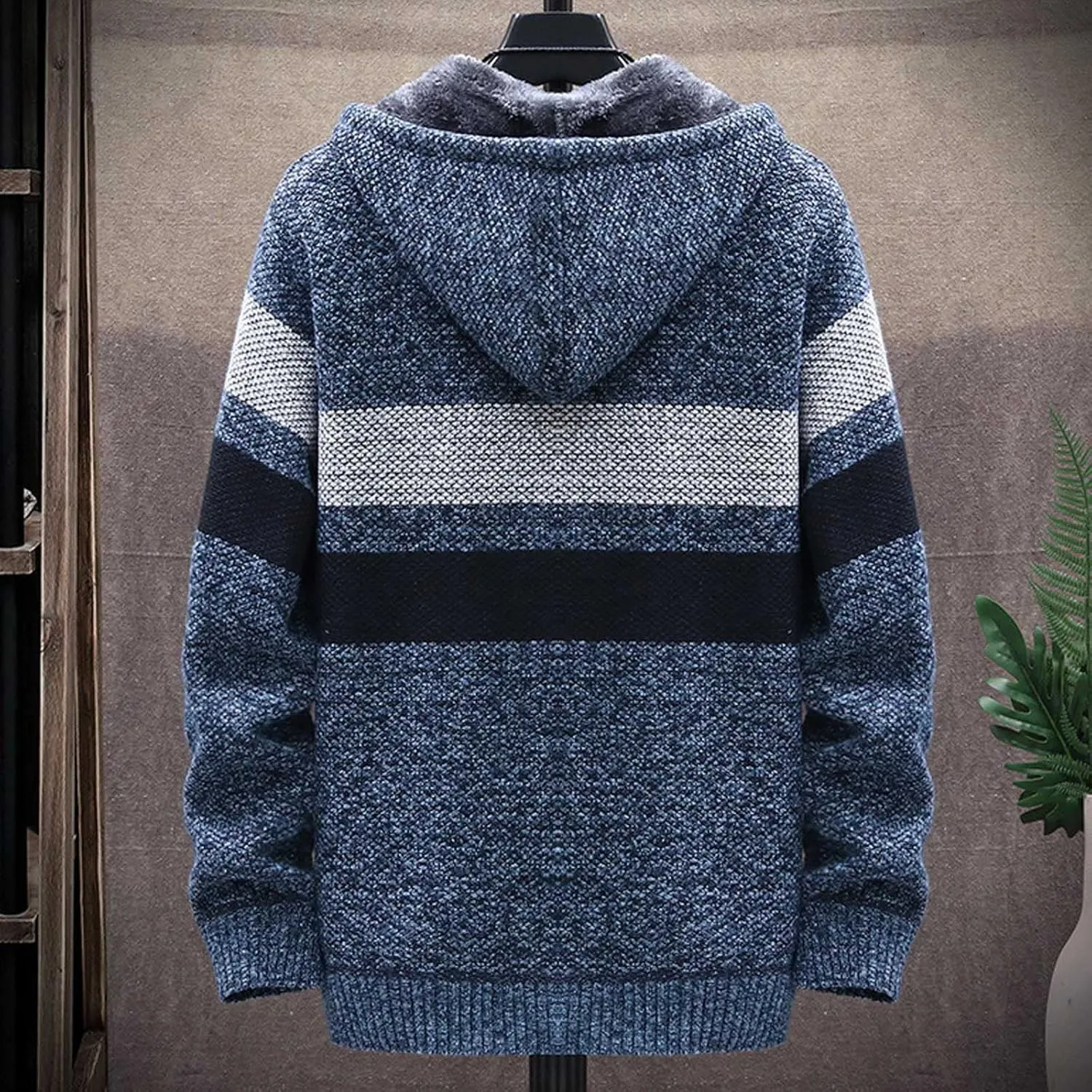 Mens Cable Knit Cardigan Sweater Fleece Lined Colorblock Zip Up Slim Hooded Jacket with Pocket Hoodie Cardigan Coats