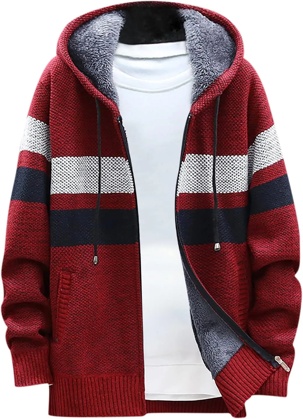 Mens Cable Knit Cardigan Sweater Fleece Lined Colorblock Zip Up Slim Hooded Jacket with Pocket Hoodie Cardigan Coats