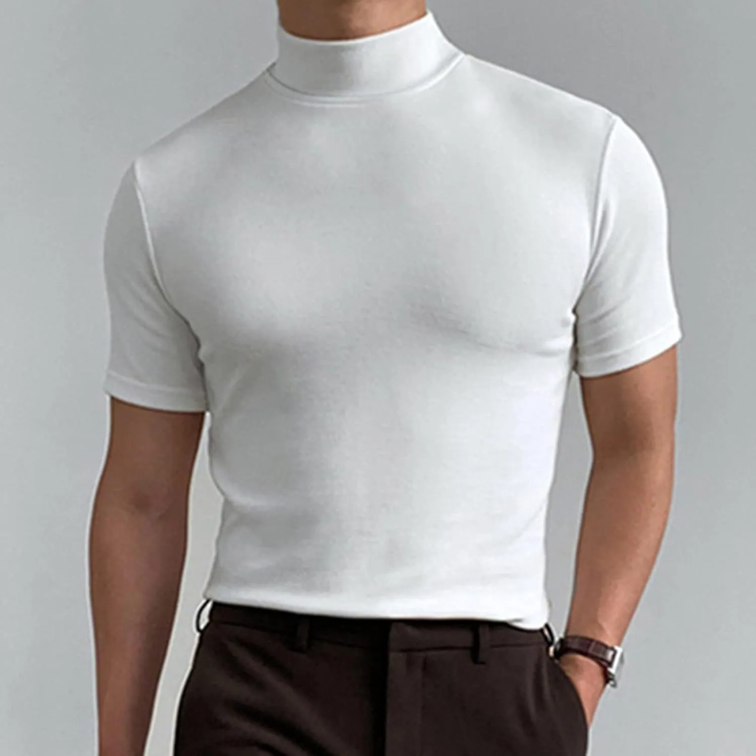 Men's Compression Shirts Mock Neck Sweater Fashion Short Sleeve Turtleneck T Shirt Slim Fit Pullover Thermal Shirts