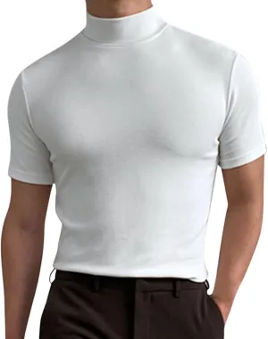 Men's Compression Shirts Mock Neck Sweater Fashion Short Sleeve Turtleneck T Shirt Slim Fit Pullover Thermal Shirts