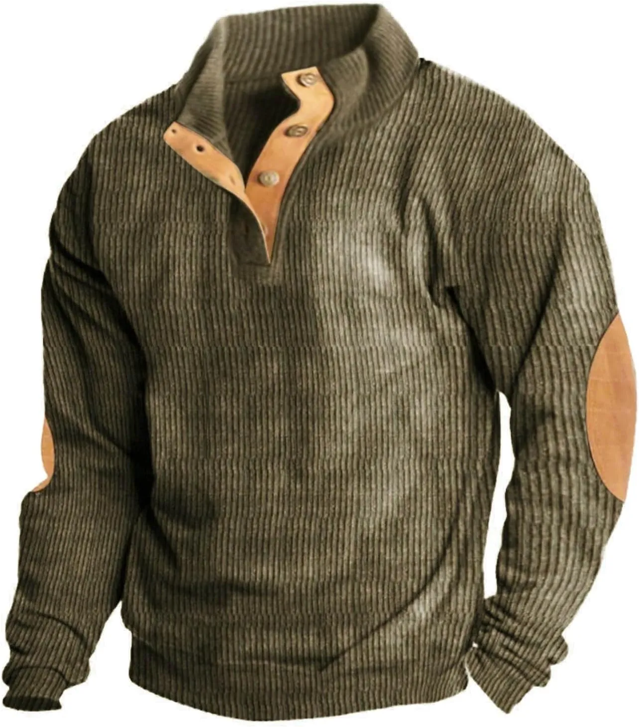 Mens Corduroy Sweatshirts Casual Lapel Collar Shirt Mock Neck Button Polo Pullover Waffle Sweater with Elbow Patches