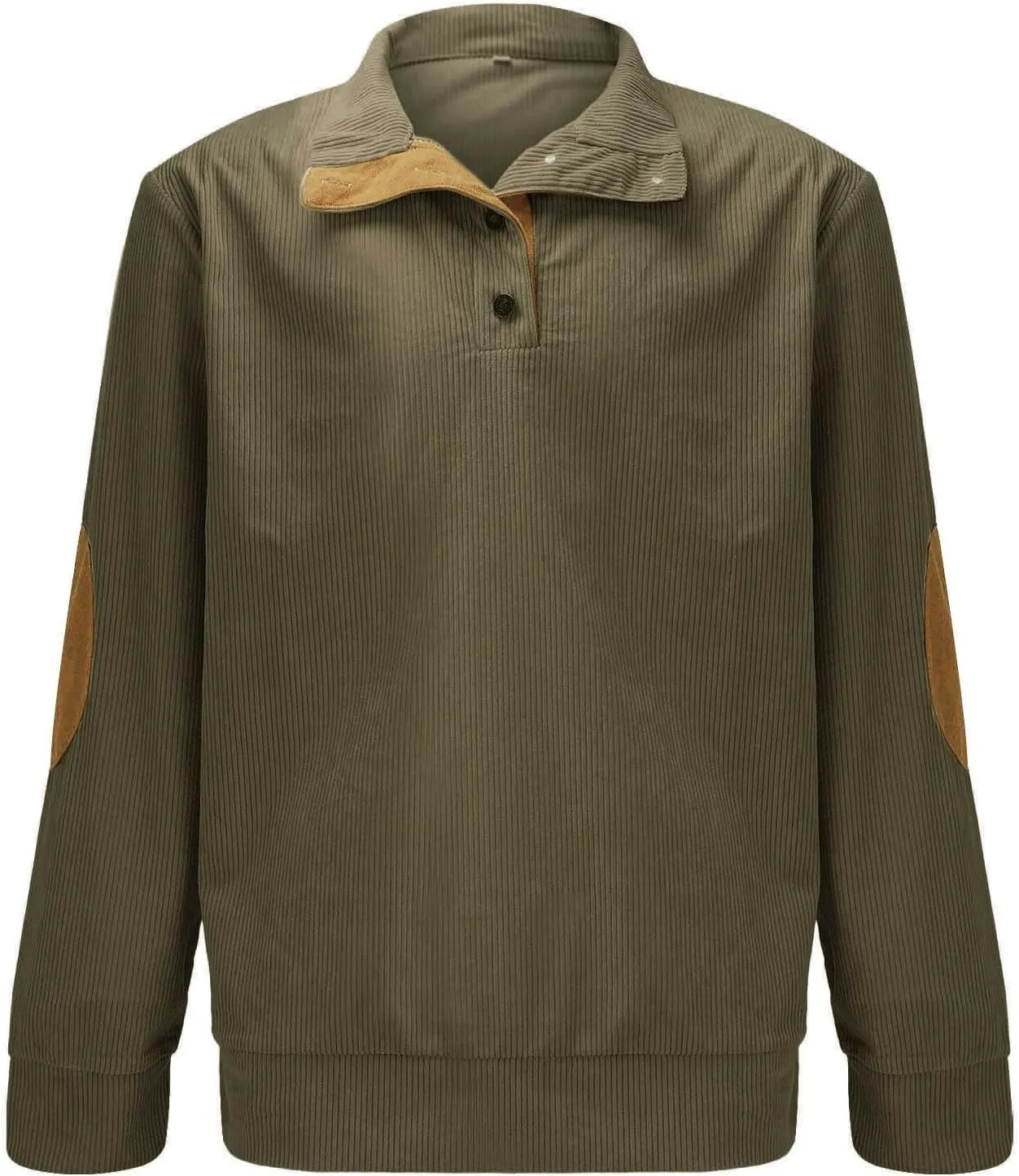 Mens Corduroy Sweatshirts Casual Lapel Collar Shirt Mock Neck Button Polo Pullover Waffle Sweater with Elbow Patches