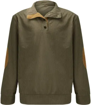 Mens Corduroy Sweatshirts Casual Lapel Collar Shirt Mock Neck Button Polo Pullover Waffle Sweater with Elbow Patches