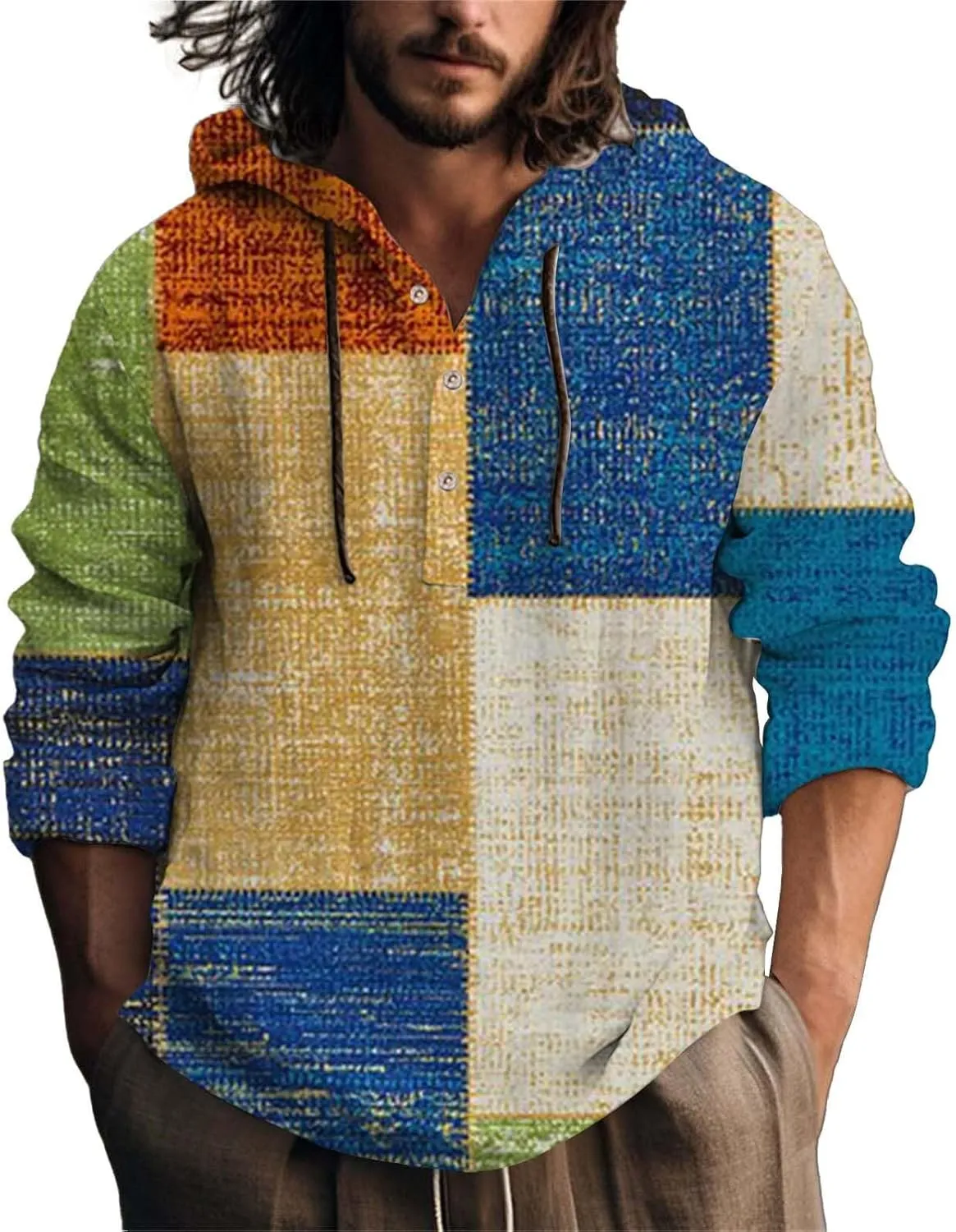 Men's Cotton Linen Sweatshirts with Hood Casual Half Button V Neck Long Sleeve Hooded Shirt Tops Hippie Pullover