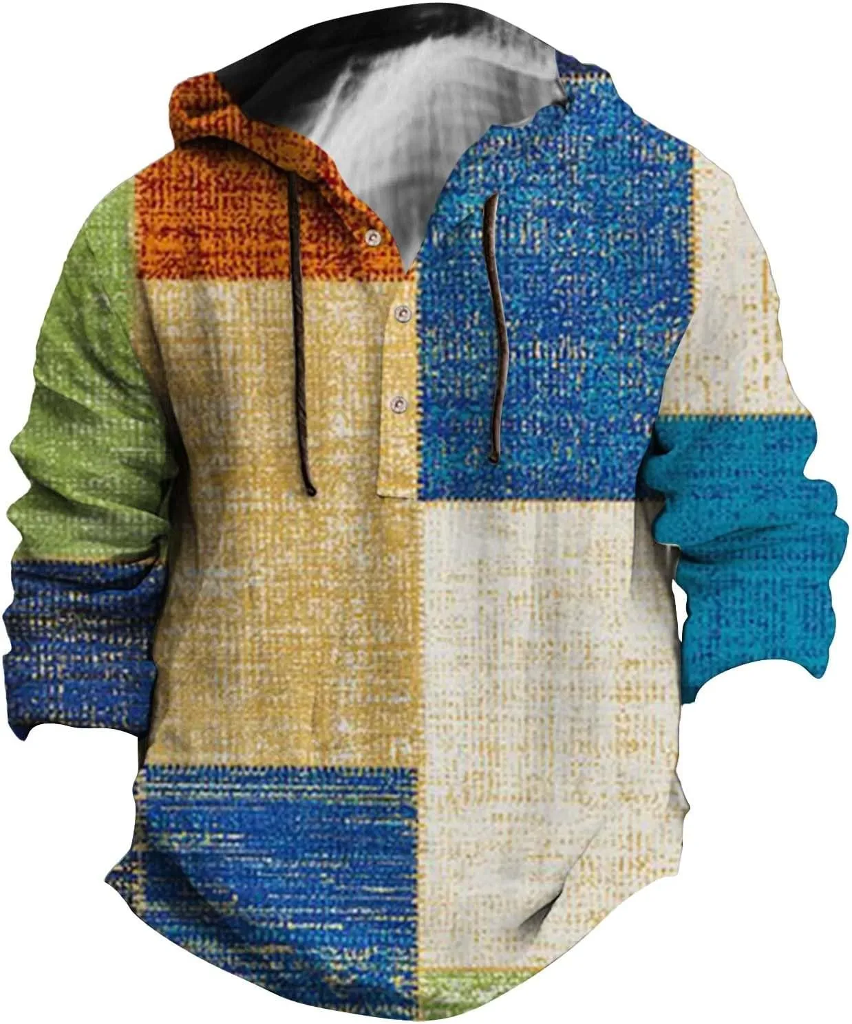 Men's Cotton Linen Sweatshirts with Hood Casual Half Button V Neck Long Sleeve Hooded Shirt Tops Hippie Pullover