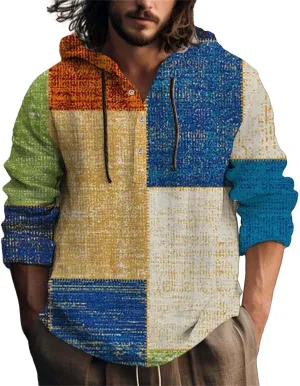 Men's Cotton Linen Sweatshirts with Hood Casual Half Button V Neck Long Sleeve Hooded Shirt Tops Hippie Pullover