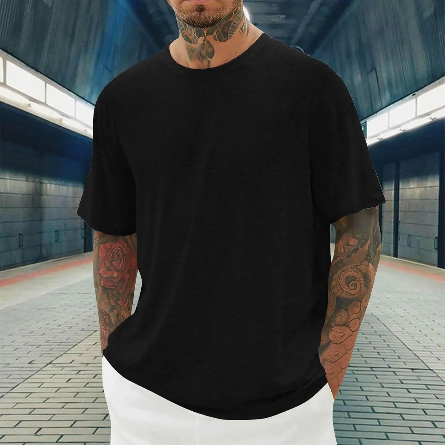 Mens Cotton T-Shirt Crew Neck Short Sleeve Tee Shirts Hipster Hip Hop Streetwear Casual Tops Gym Muscle Shirts