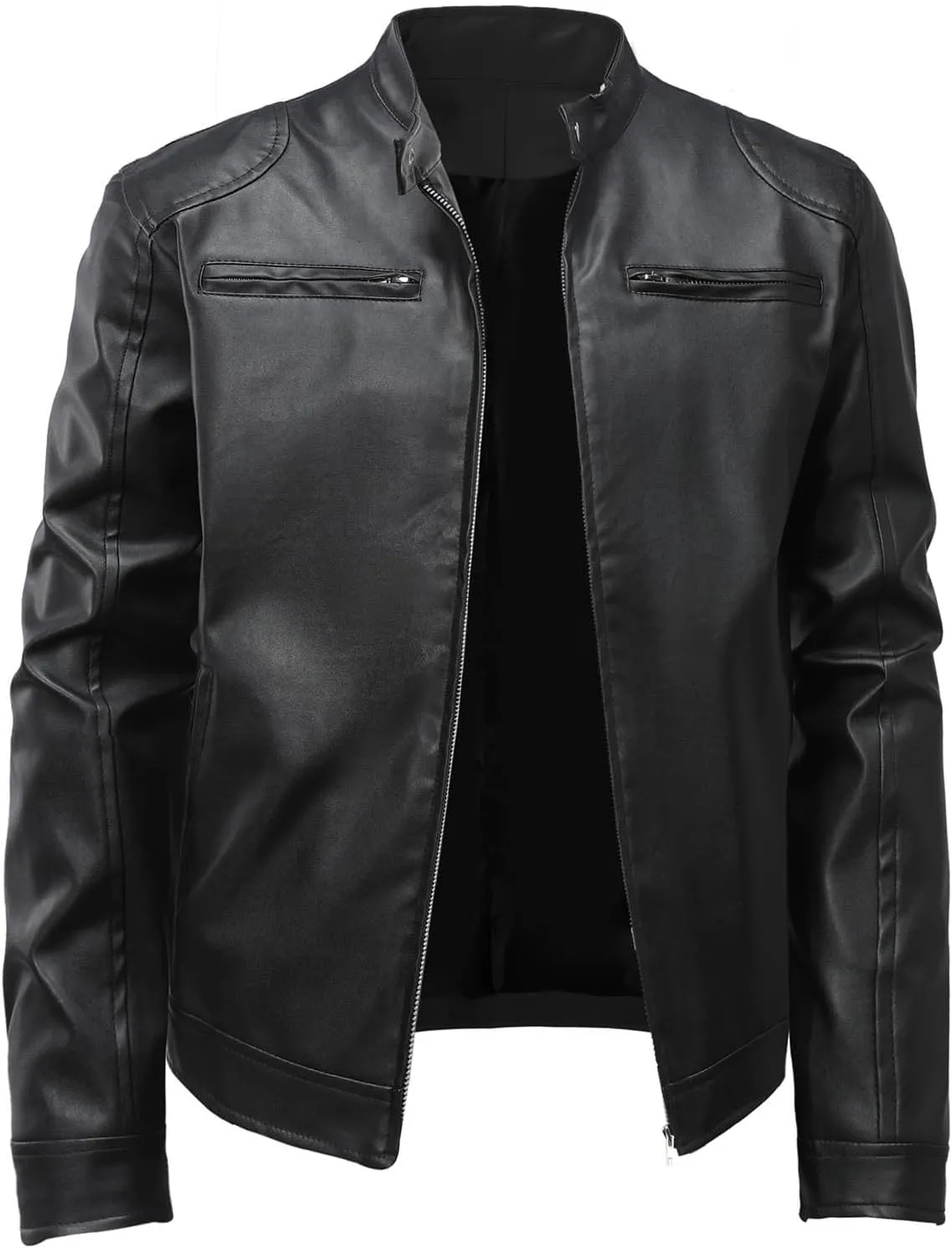 Men's Faux Leather Relagur Fitted Motorcycle Jacket Casual Lined Zip Up PU Bomber Jacket Stand Collar Racer Jackets