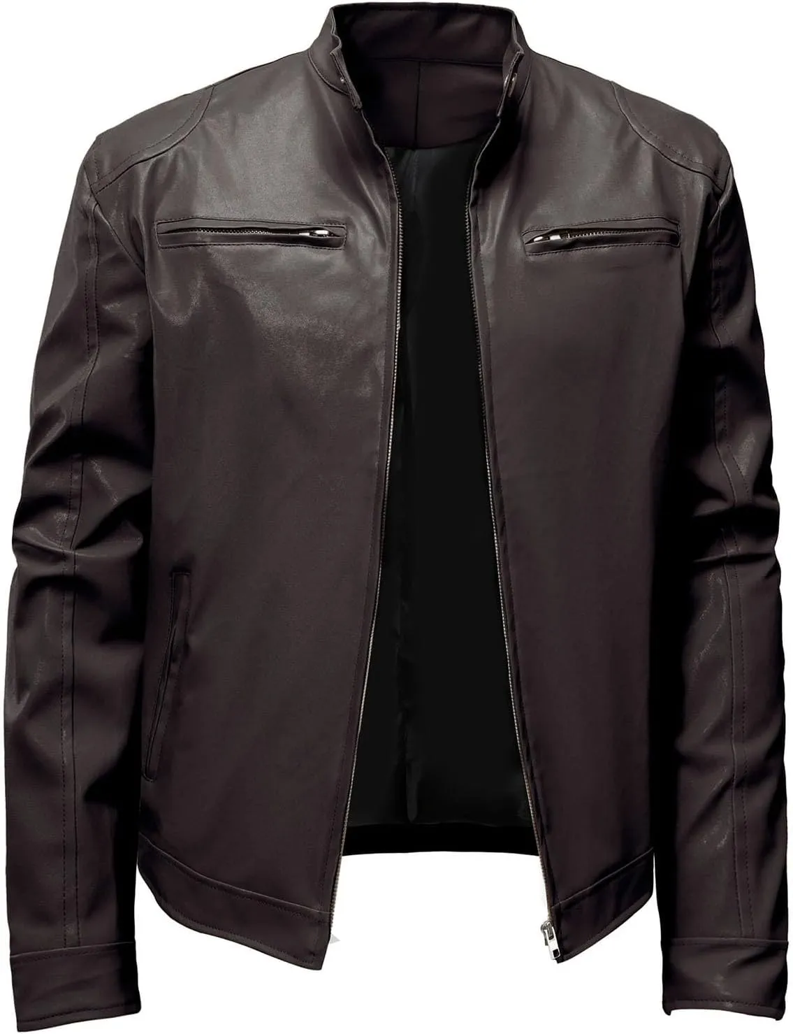 Men's Faux Leather Relagur Fitted Motorcycle Jacket Casual Lined Zip Up PU Bomber Jacket Stand Collar Racer Jackets