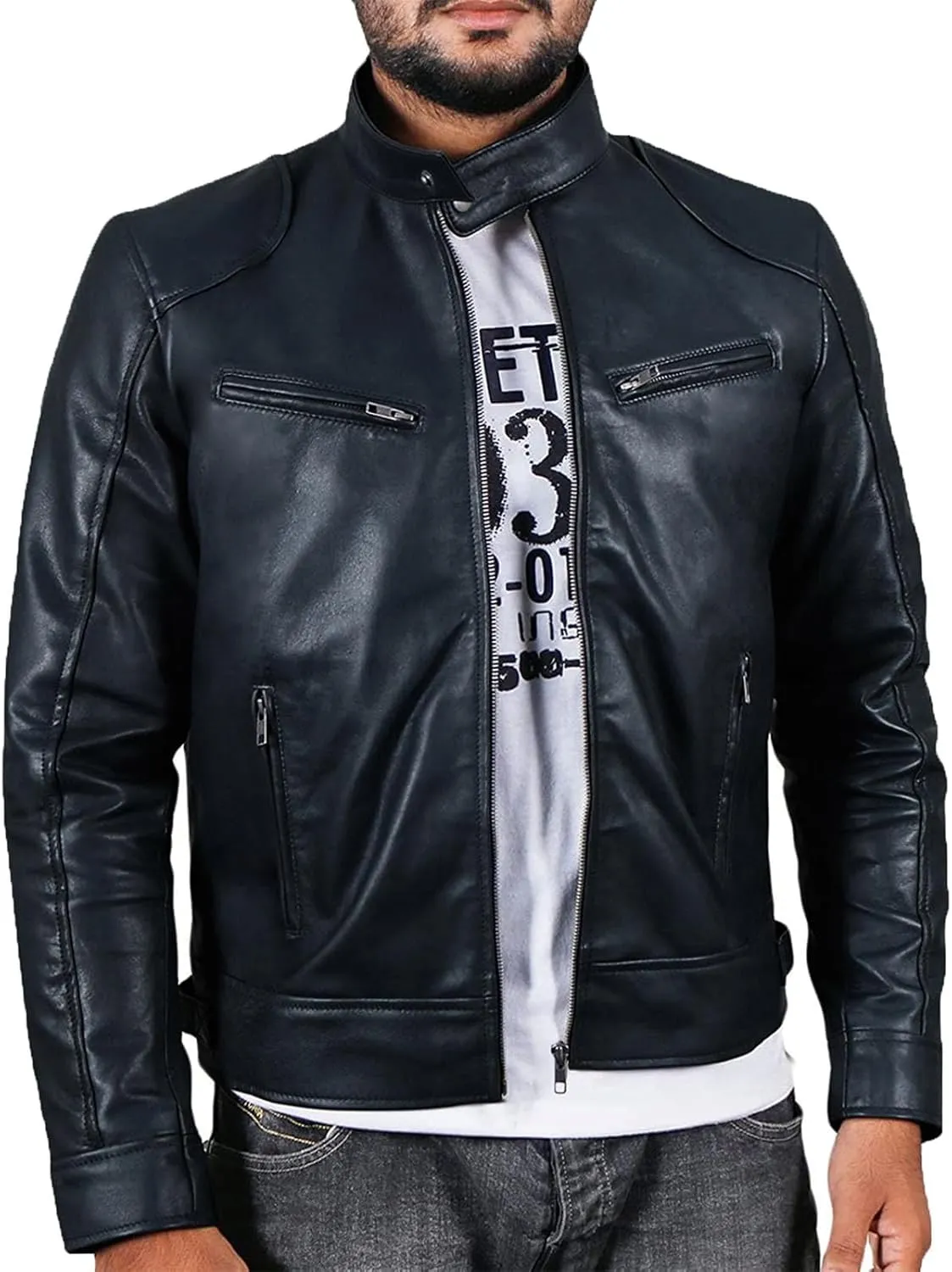 Men's Faux Leather Relagur Fitted Motorcycle Jacket Casual Lined Zip Up PU Bomber Jacket Stand Collar Racer Jackets