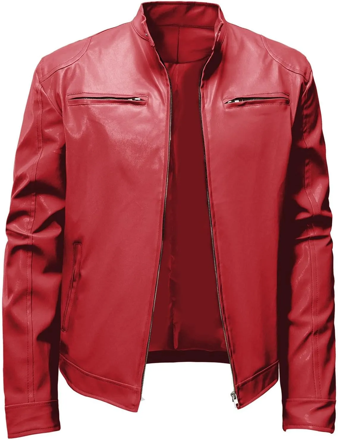 Men's Faux Leather Relagur Fitted Motorcycle Jacket Casual Lined Zip Up PU Bomber Jacket Stand Collar Racer Jackets