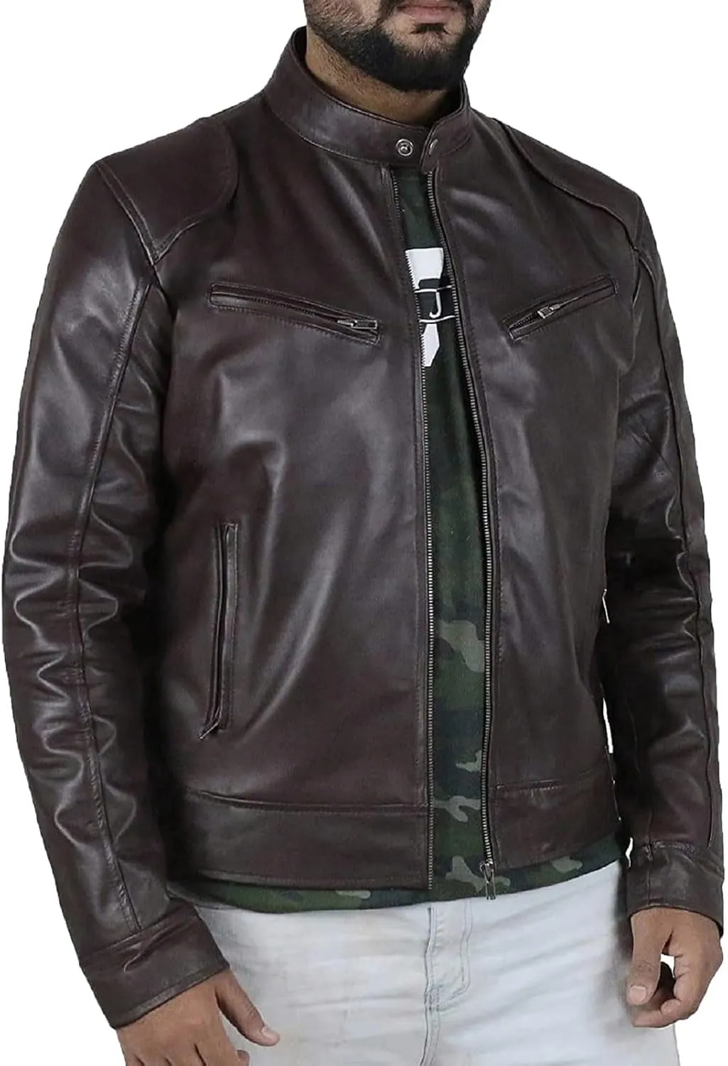 Men's Faux Leather Relagur Fitted Motorcycle Jacket Casual Lined Zip Up PU Bomber Jacket Stand Collar Racer Jackets