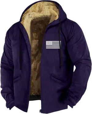 Men'S Fleece Jackets & Coats Heated Solid Color Flag Print Autumn Winter Casual Zipper Hooded Jacket