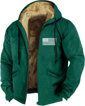 Men'S Fleece Jackets & Coats Heated Solid Color Flag Print Autumn Winter Casual Zipper Hooded Jacket