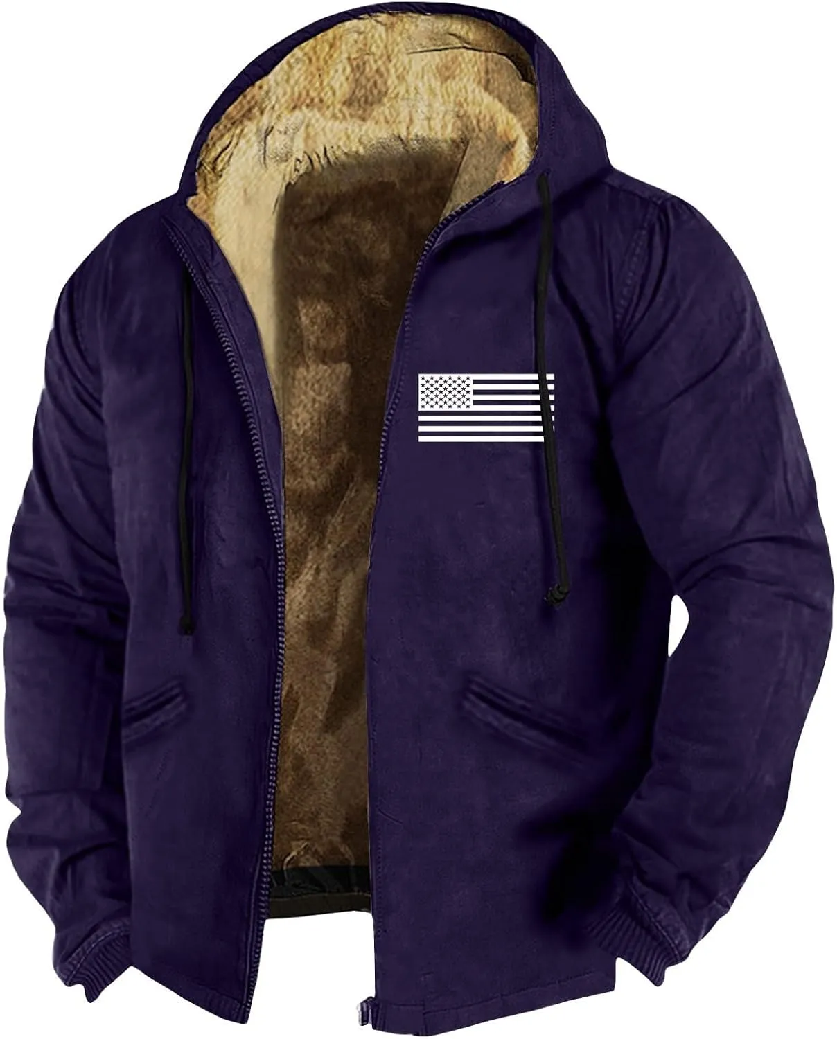 Men'S Fleece Jackets & Coats Heated Solid Color Flag Print Autumn Winter Casual Zipper Hooded Jacket