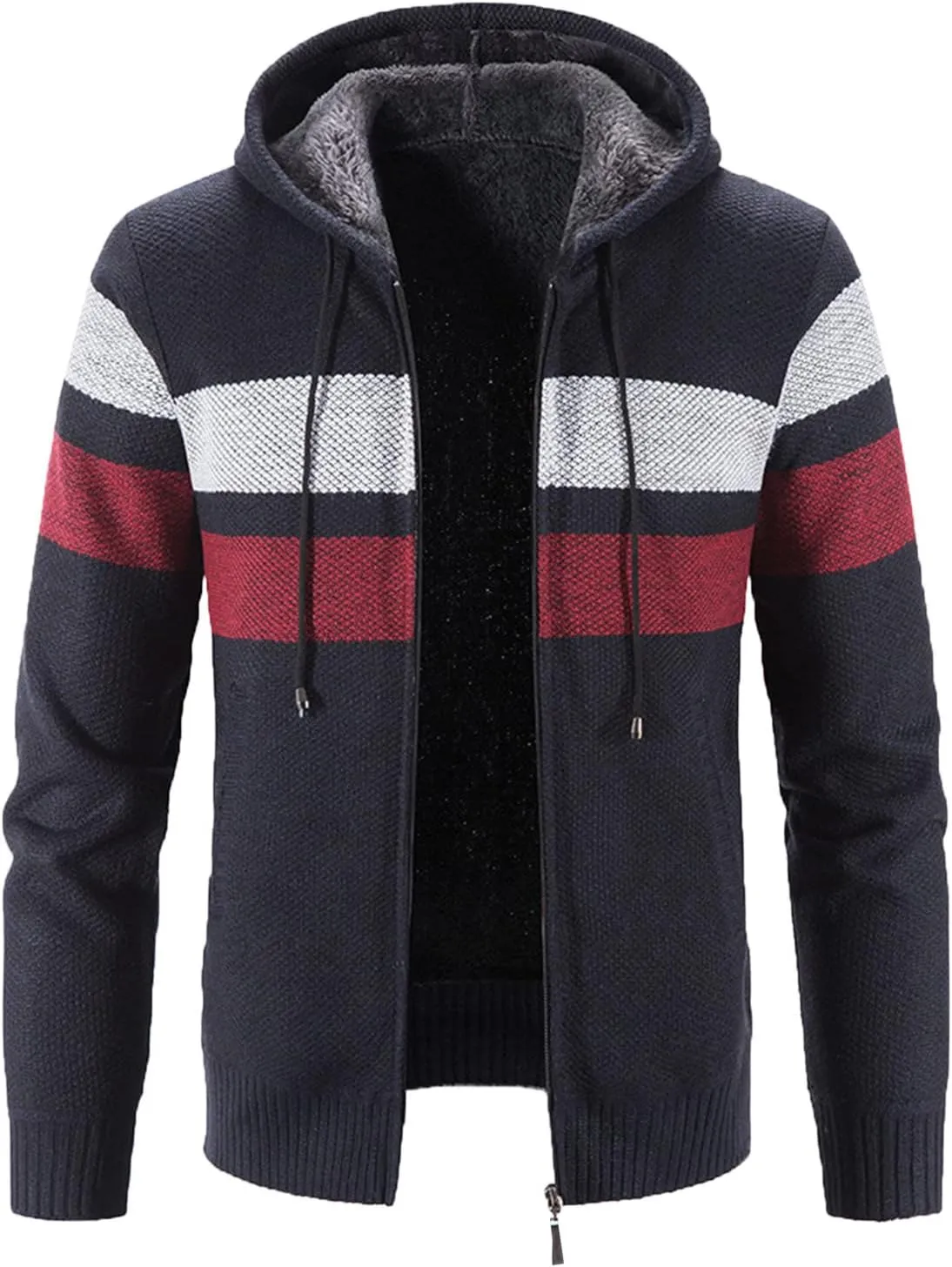 Men's Fleece Sweater Jackets Warm Zip Up Hooded Winter Coats Slim Fit Colorblock Padded Fuzzy Sherpa Jacket Hoodies