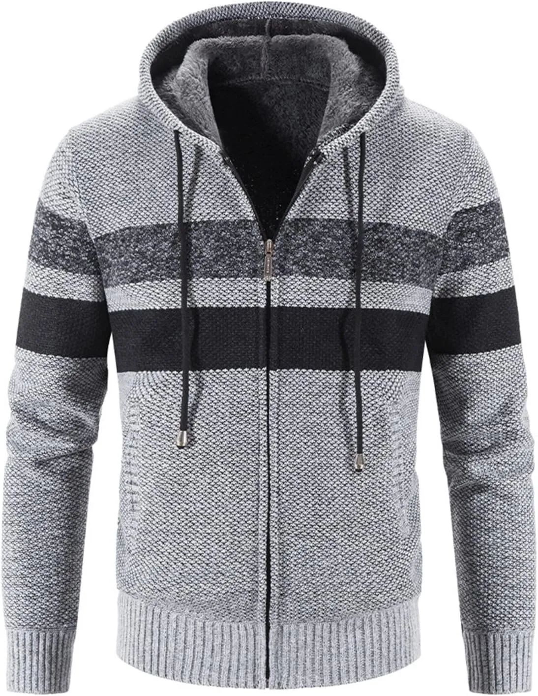 Men's Fleece Sweater Jackets Warm Zip Up Hooded Winter Coats Slim Fit Colorblock Padded Fuzzy Sherpa Jacket Hoodies