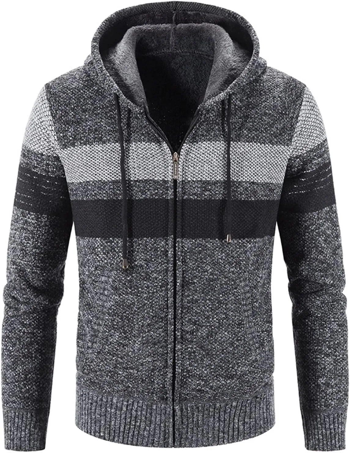 Men's Fleece Sweater Jackets Warm Zip Up Hooded Winter Coats Slim Fit Colorblock Padded Fuzzy Sherpa Jacket Hoodies