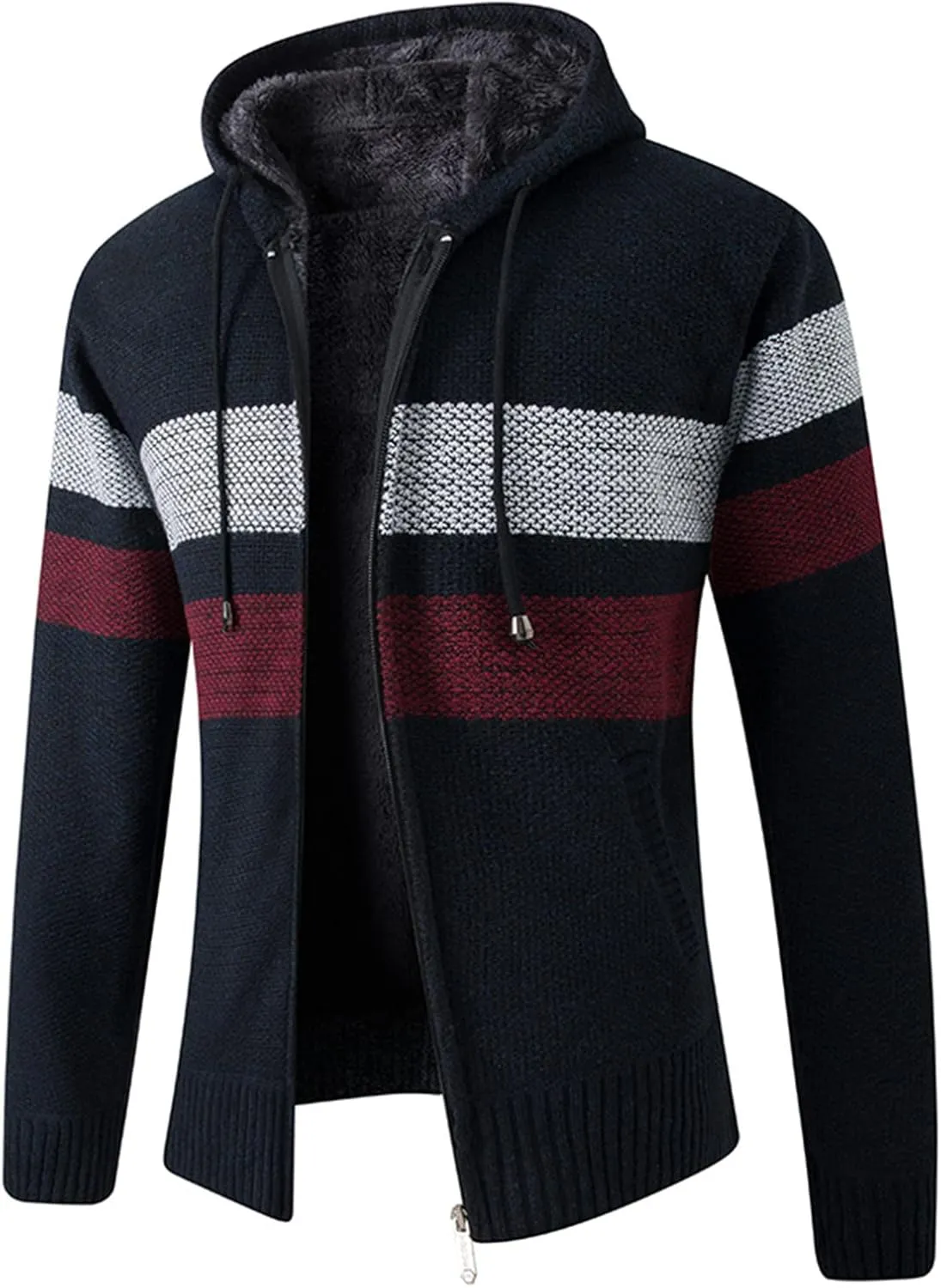 Men's Fleece Sweater Jackets Warm Zip Up Hooded Winter Coats Slim Fit Colorblock Padded Fuzzy Sherpa Jacket Hoodies