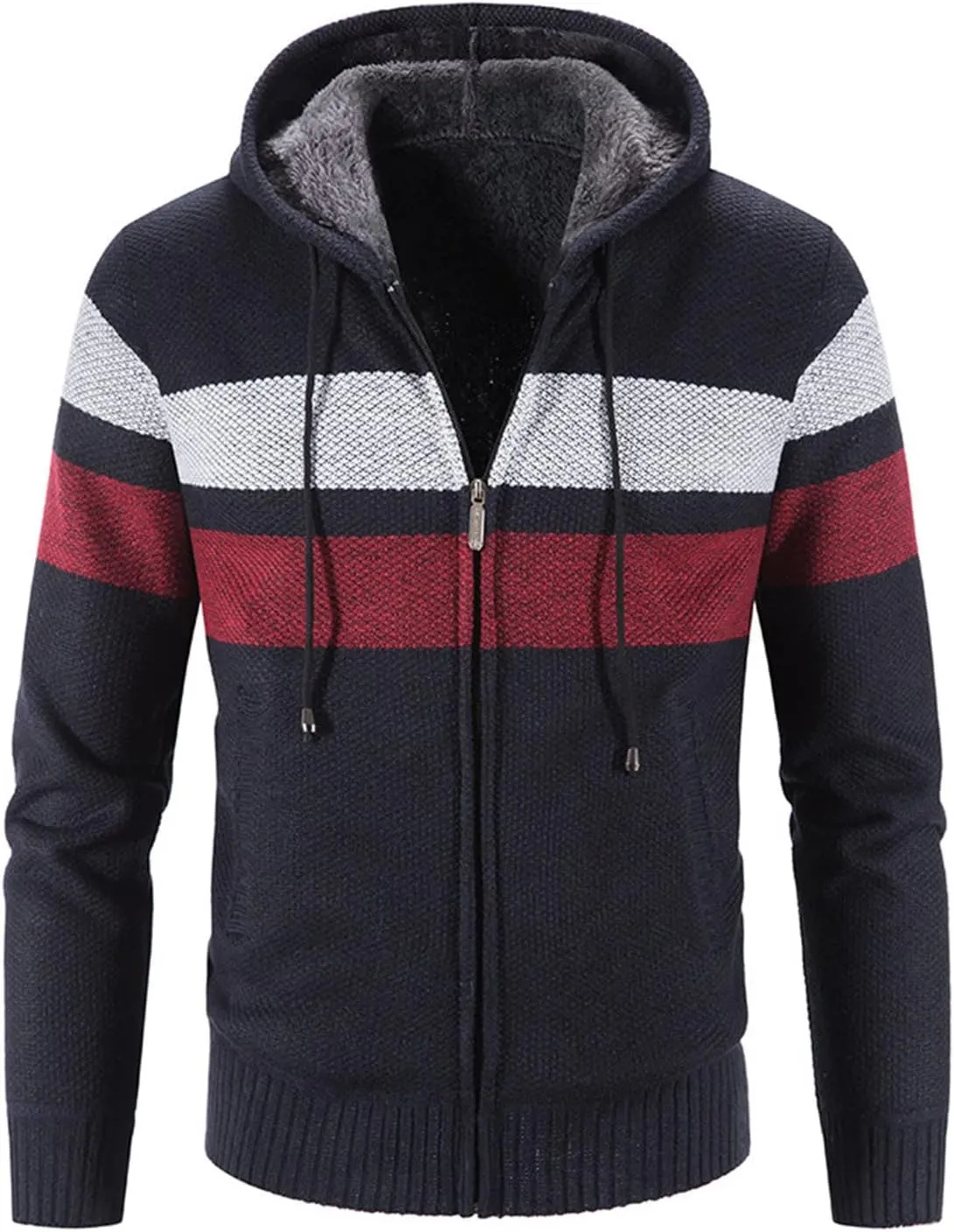 Men's Fleece Sweater Jackets Warm Zip Up Hooded Winter Coats Slim Fit Colorblock Padded Fuzzy Sherpa Jacket Hoodies