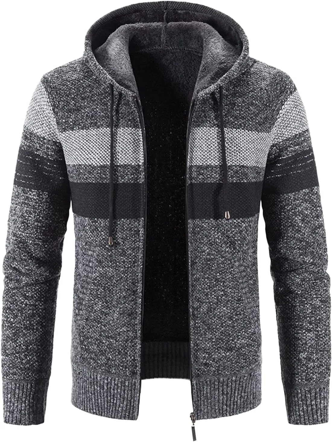 Men's Fleece Sweater Jackets Warm Zip Up Hooded Winter Coats Slim Fit Colorblock Padded Fuzzy Sherpa Jacket Hoodies
