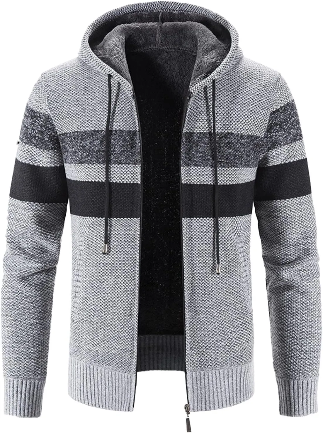 Men's Fleece Sweater Jackets Warm Zip Up Hooded Winter Coats Slim Fit Colorblock Padded Fuzzy Sherpa Jacket Hoodies