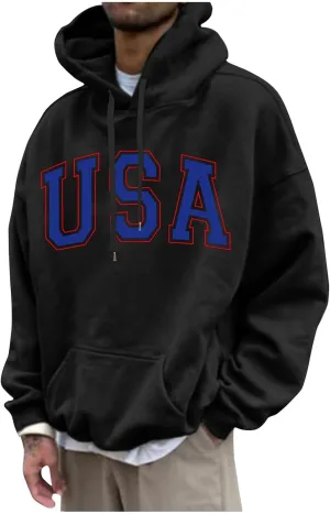 Men's Graphic Letter Print Drawstring Street Hoodies Oversized Vintage Long Sleeve Sweatshirts