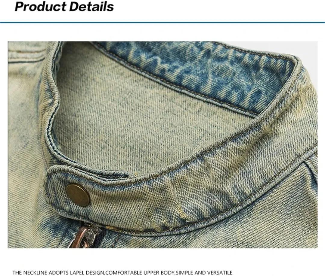 Men's High Street Vintage Washed Denim Jacket Distressed Zipper Streetwear Hip Hop Motorcycle Coats