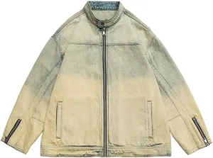 Men's High Street Vintage Washed Denim Jacket Distressed Zipper Streetwear Hip Hop Motorcycle Coats