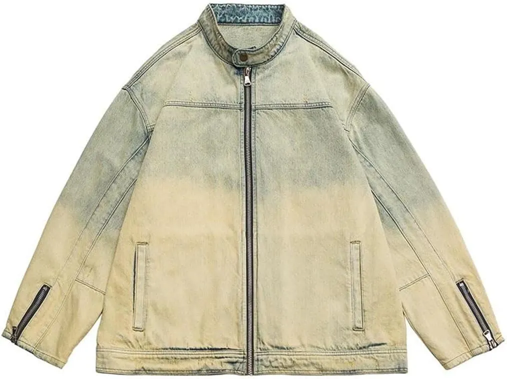 Men's High Street Vintage Washed Denim Jacket Distressed Zipper Streetwear Hip Hop Motorcycle Coats