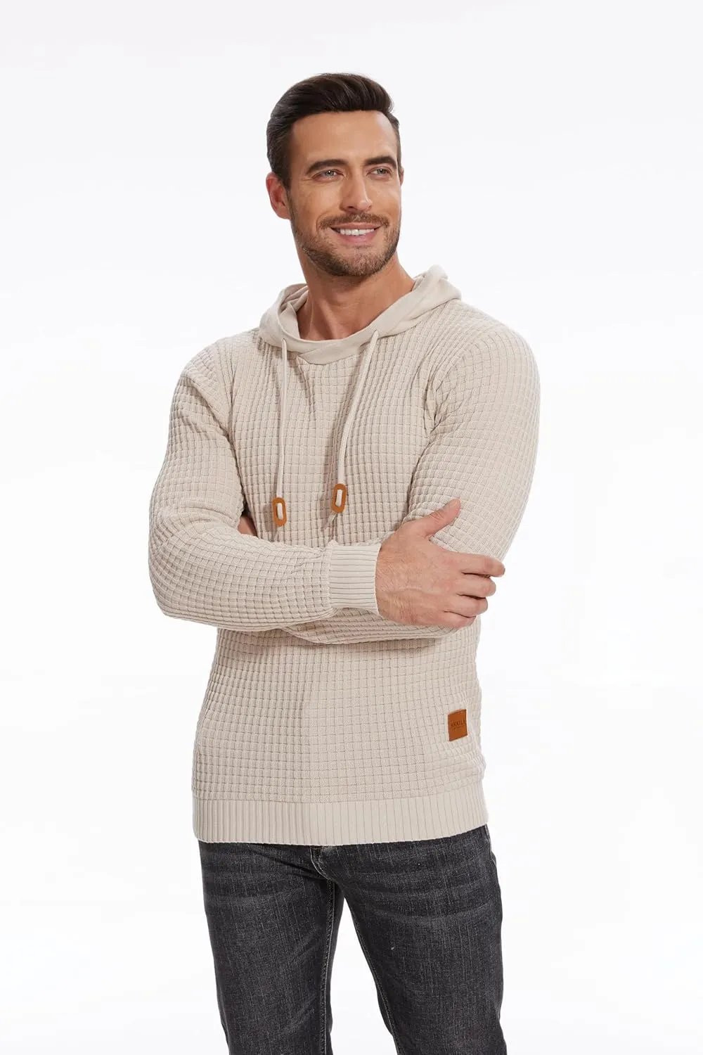 Mens Hooded Sweatshirt Casual Long Sleeve Drawstring Solid Knitted Hoodie Pullover Sweater