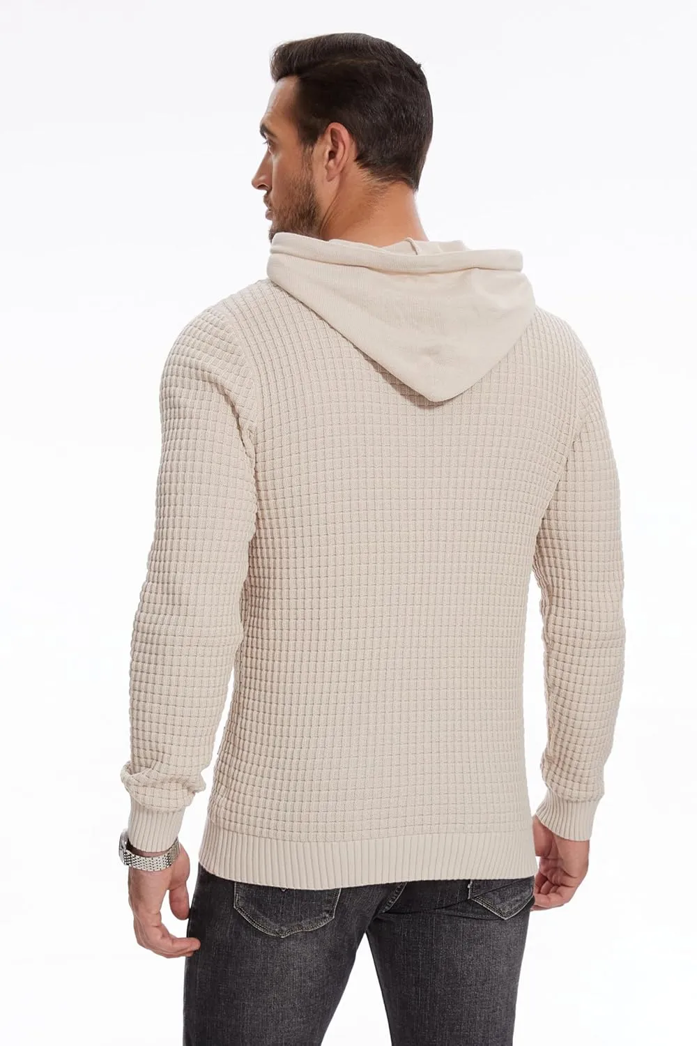 Mens Hooded Sweatshirt Casual Long Sleeve Drawstring Solid Knitted Hoodie Pullover Sweater
