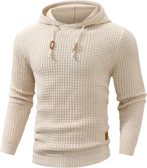 Mens Hooded Sweatshirt Casual Long Sleeve Drawstring Solid Knitted Hoodie Pullover Sweater