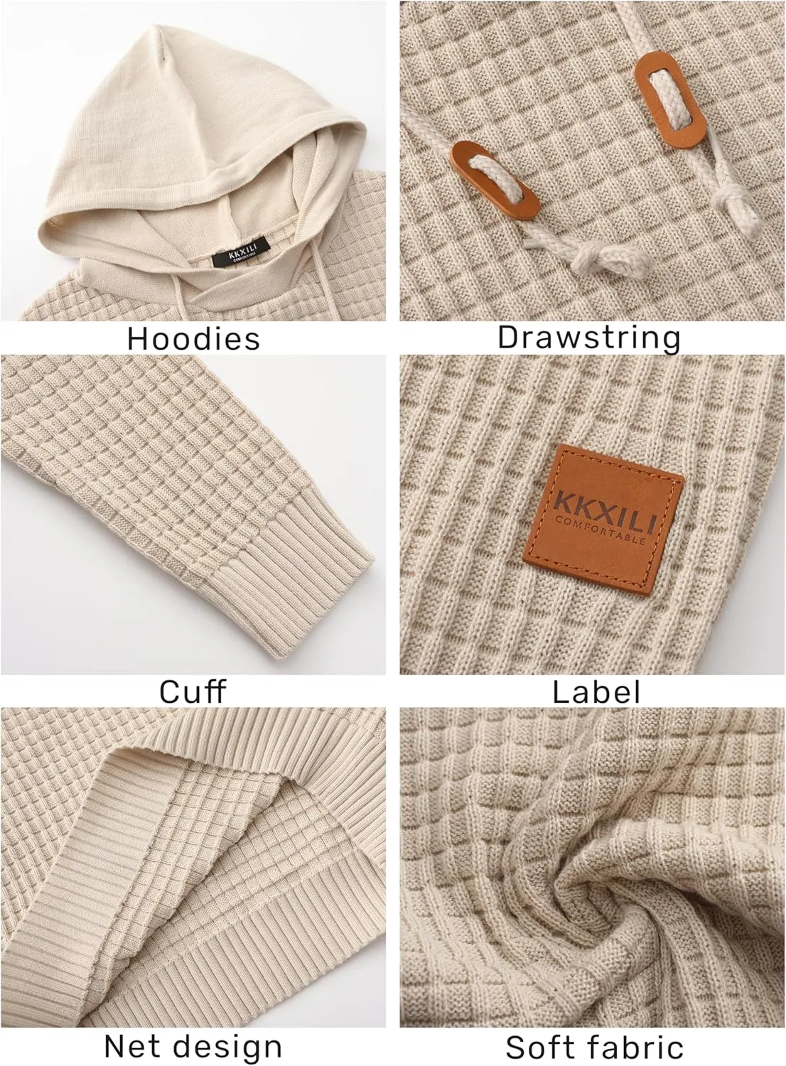 Mens Hooded Sweatshirt Casual Long Sleeve Drawstring Solid Knitted Hoodie Pullover Sweater