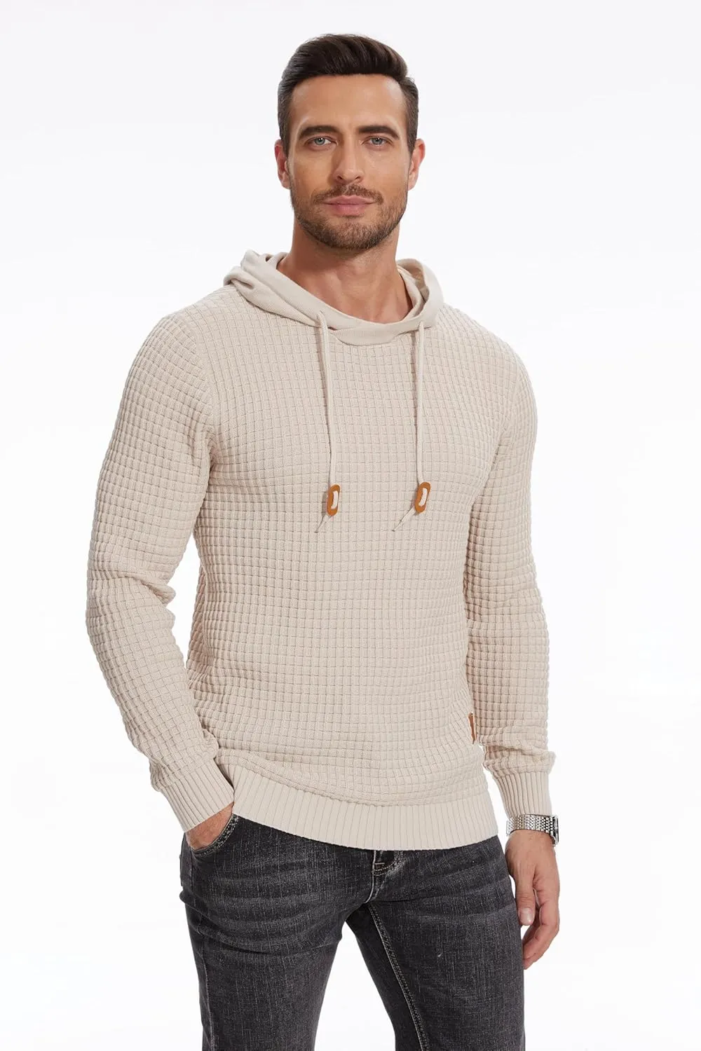 Mens Hooded Sweatshirt Casual Long Sleeve Drawstring Solid Knitted Hoodie Pullover Sweater
