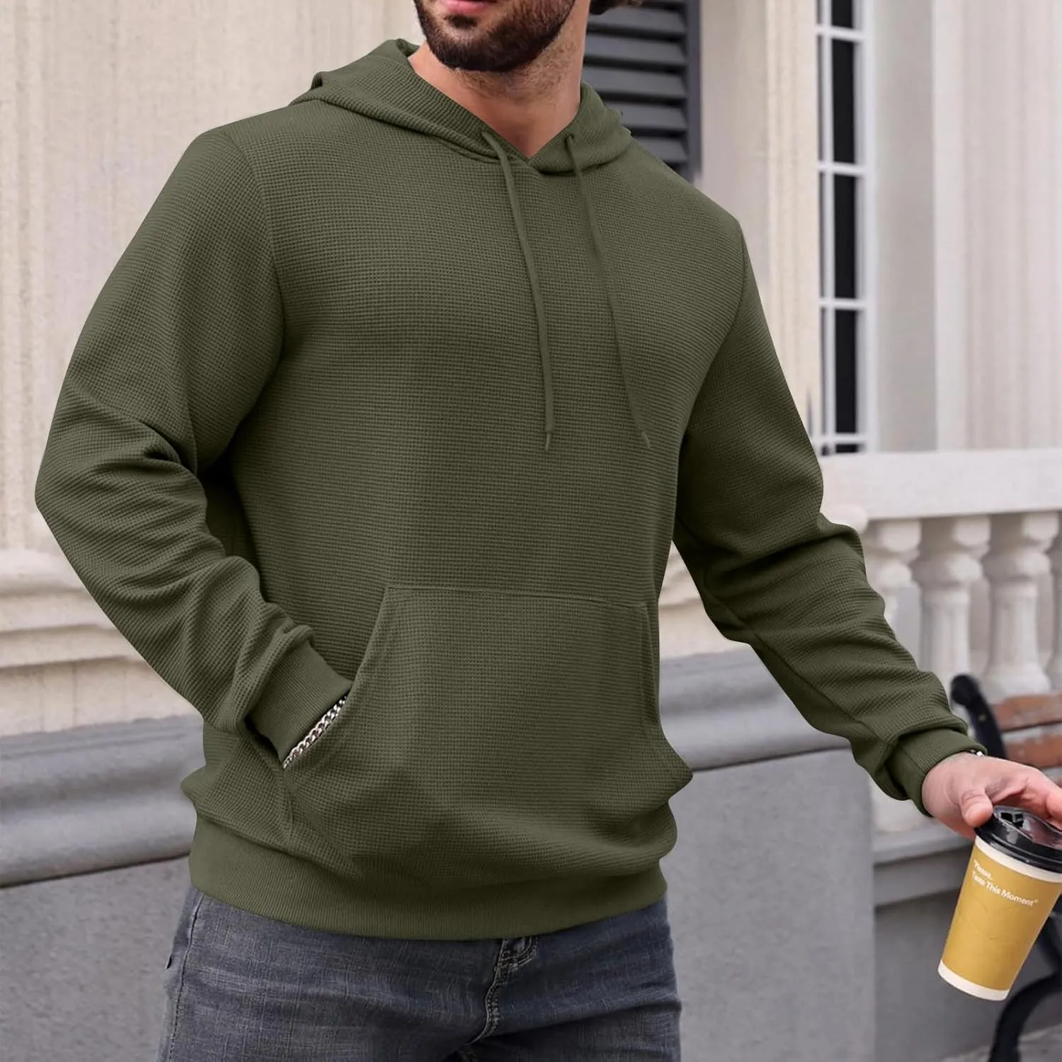 Mens Hooded Sweatshirt Long Sleeve Drawstring Solid Color Hoodies With Pocket Casual Relaxed Fit Pullover Shirts Tops