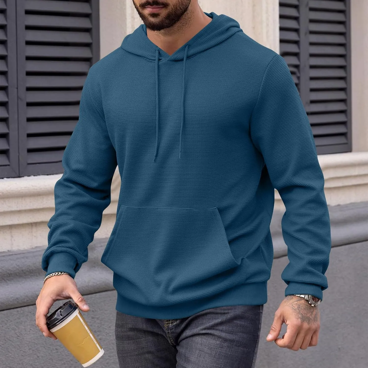 Mens Hooded Sweatshirt Long Sleeve Drawstring Solid Color Hoodies With Pocket Casual Relaxed Fit Pullover Shirts Tops