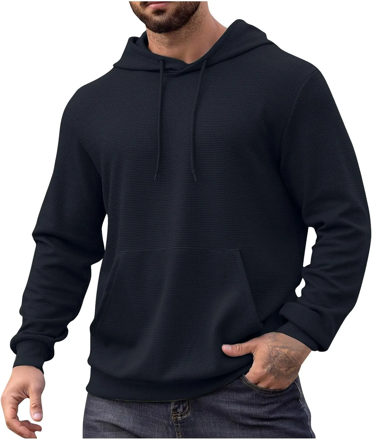 Mens Hooded Sweatshirt Long Sleeve Drawstring Solid Color Hoodies With Pocket Casual Relaxed Fit Pullover Shirts Tops